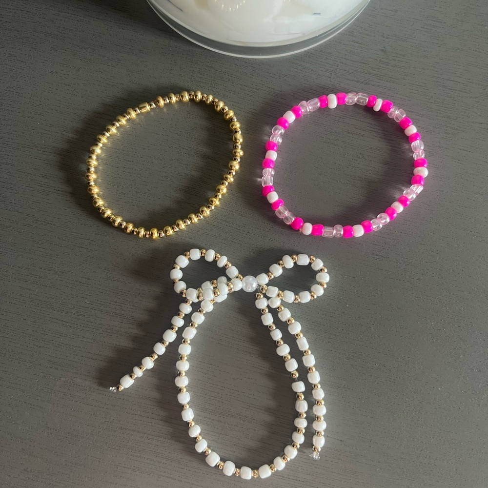 Gold, Pink, and White Beaded Bracelets Set